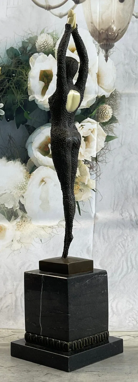 Signed Chiparus Art Nouveau  Arms Raised Lady Bronze And Faux Bone Sculpture Fig