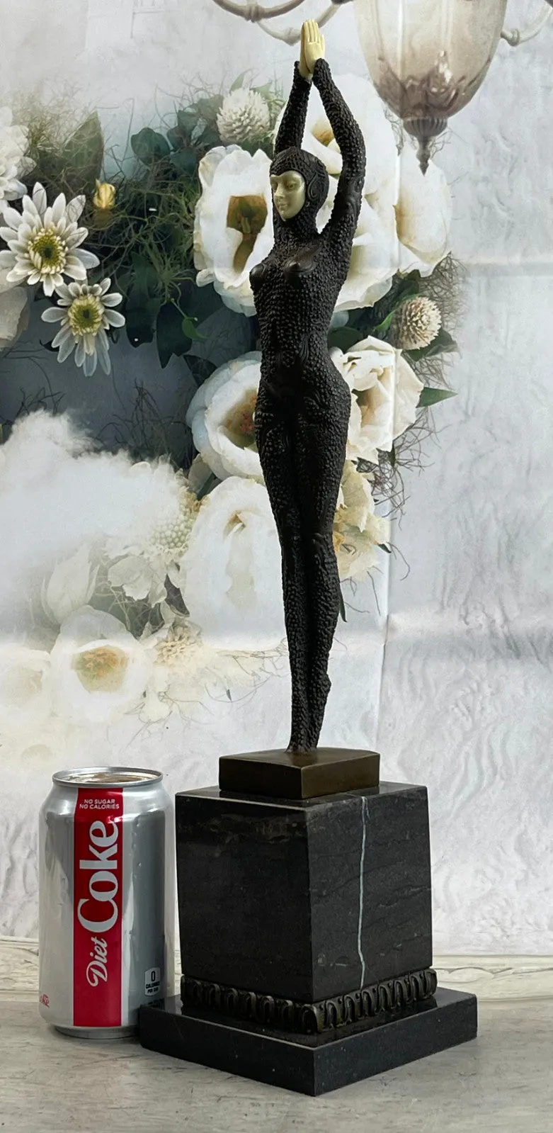 Signed Chiparus Art Nouveau  Arms Raised Lady Bronze And Faux Bone Sculpture Fig