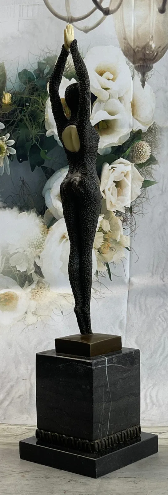 Signed Chiparus Art Nouveau  Arms Raised Lady Bronze And Faux Bone Sculpture Fig