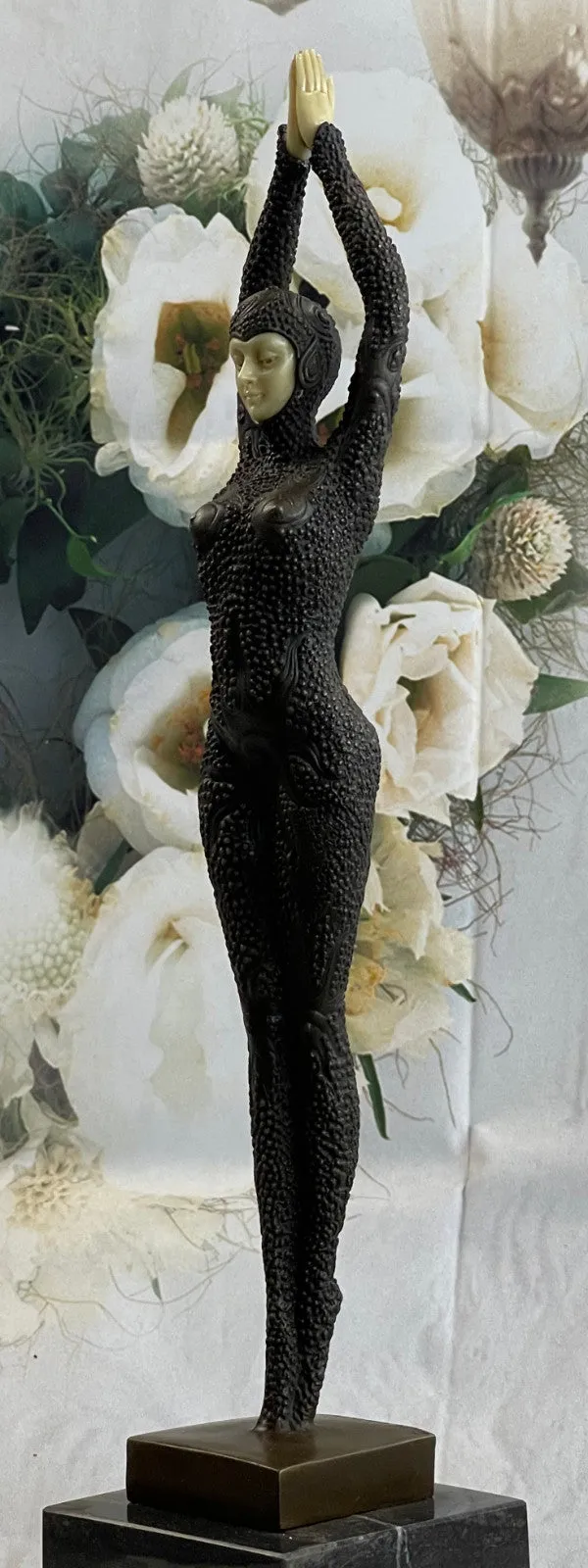 Signed Chiparus Art Nouveau  Arms Raised Lady Bronze And Faux Bone Sculpture Fig