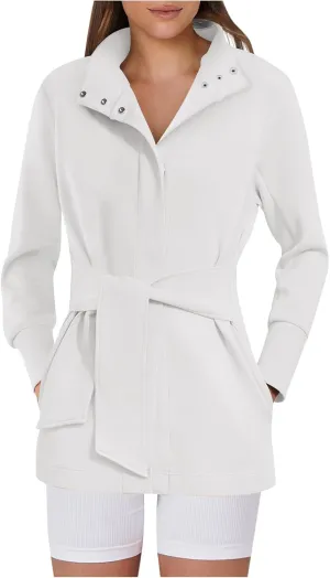 Sinzelimin Womens Mid-Length Trench Coat with Belt Fashion Button up Stand Collar Long Sleeves Windbreaker Outwear & Jackets