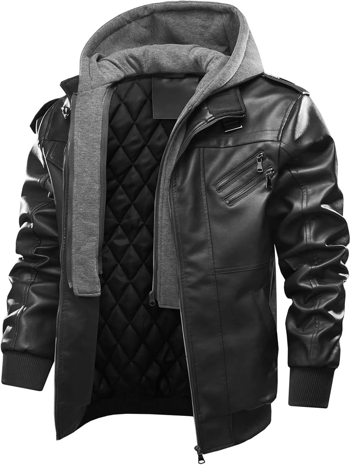 tuduoms Mens Vintage Bomber Jacket, Distressed Leather Thermal Hooded Motorcycle Jacket Casual Zip Up Pockets Anorak Jackets