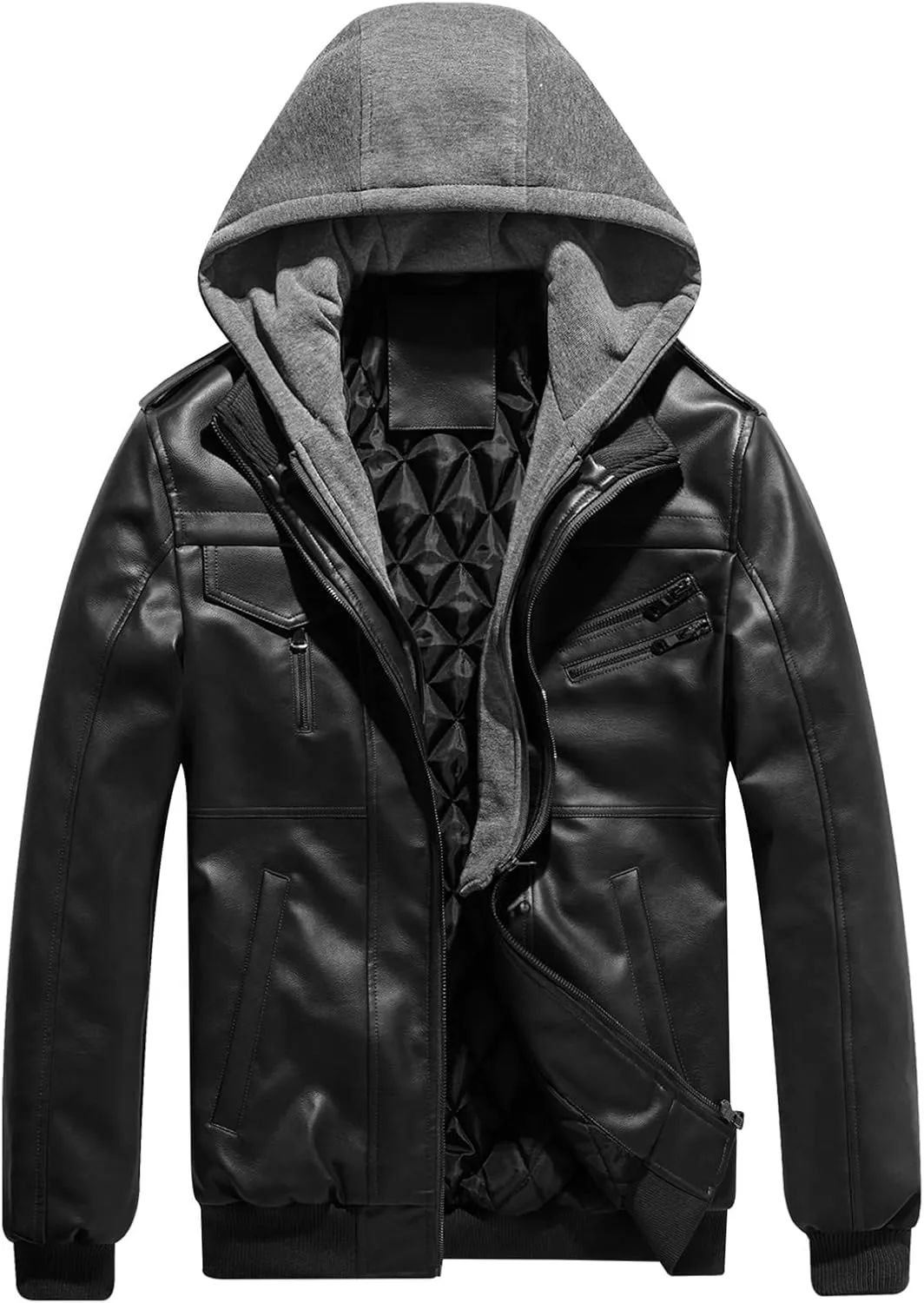 tuduoms Mens Vintage Bomber Jacket, Distressed Leather Thermal Hooded Motorcycle Jacket Casual Zip Up Pockets Anorak Jackets