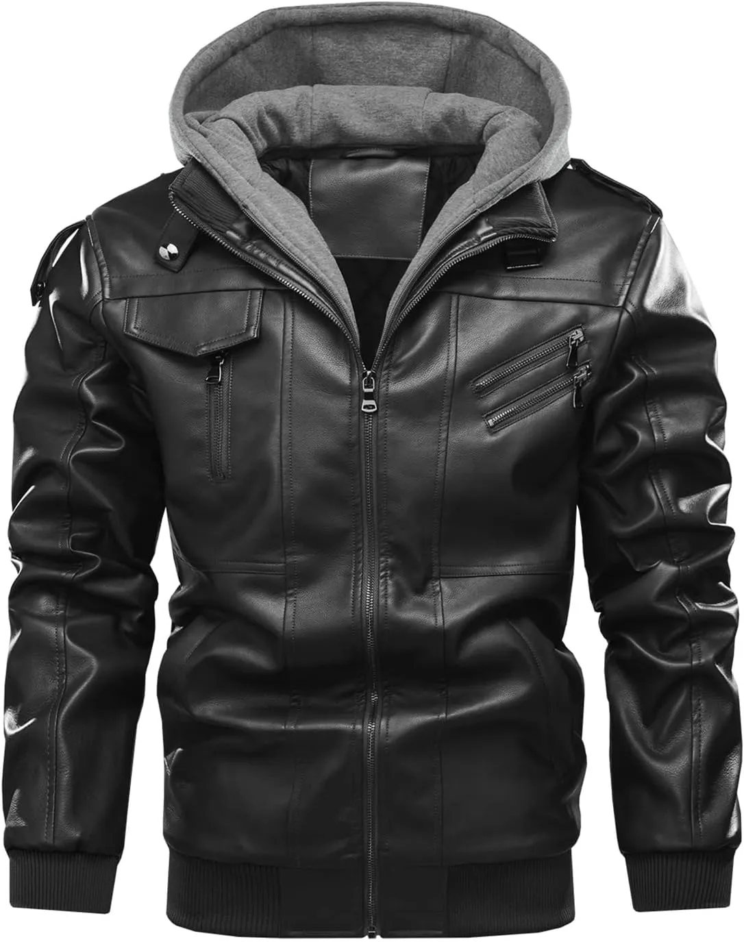 tuduoms Mens Vintage Bomber Jacket, Distressed Leather Thermal Hooded Motorcycle Jacket Casual Zip Up Pockets Anorak Jackets