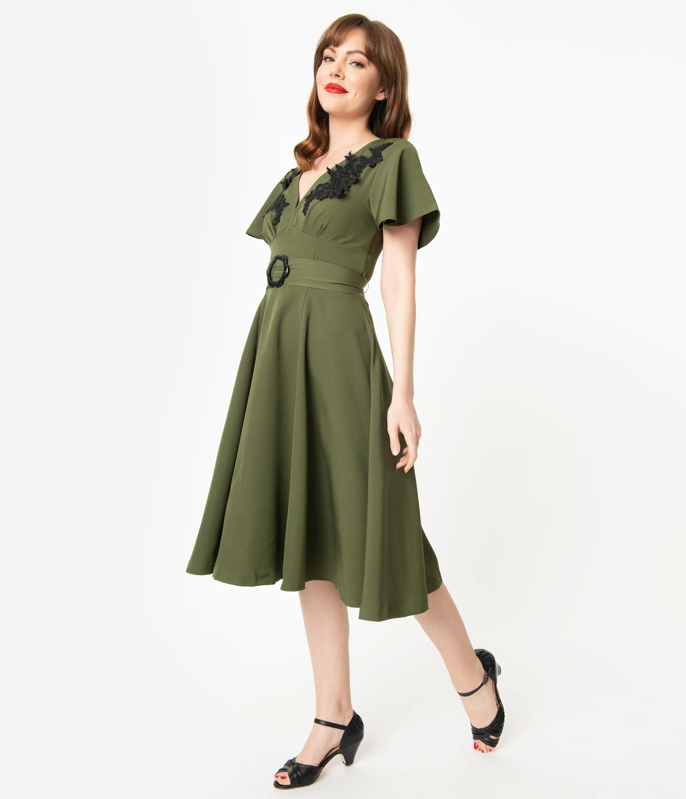 Unique Vintage 1940s Olive & Black Embroidered Kay Swing Dress