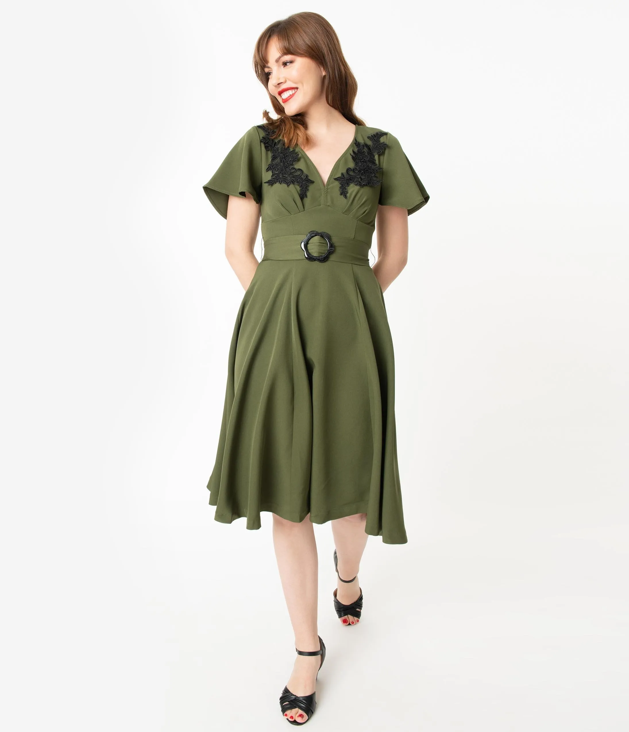 Unique Vintage 1940s Olive & Black Embroidered Kay Swing Dress