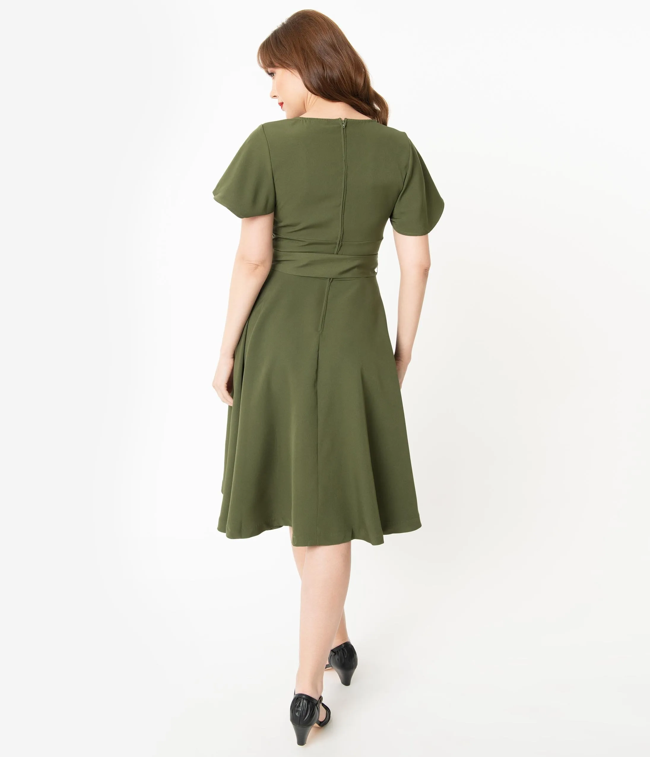 Unique Vintage 1940s Olive & Black Embroidered Kay Swing Dress
