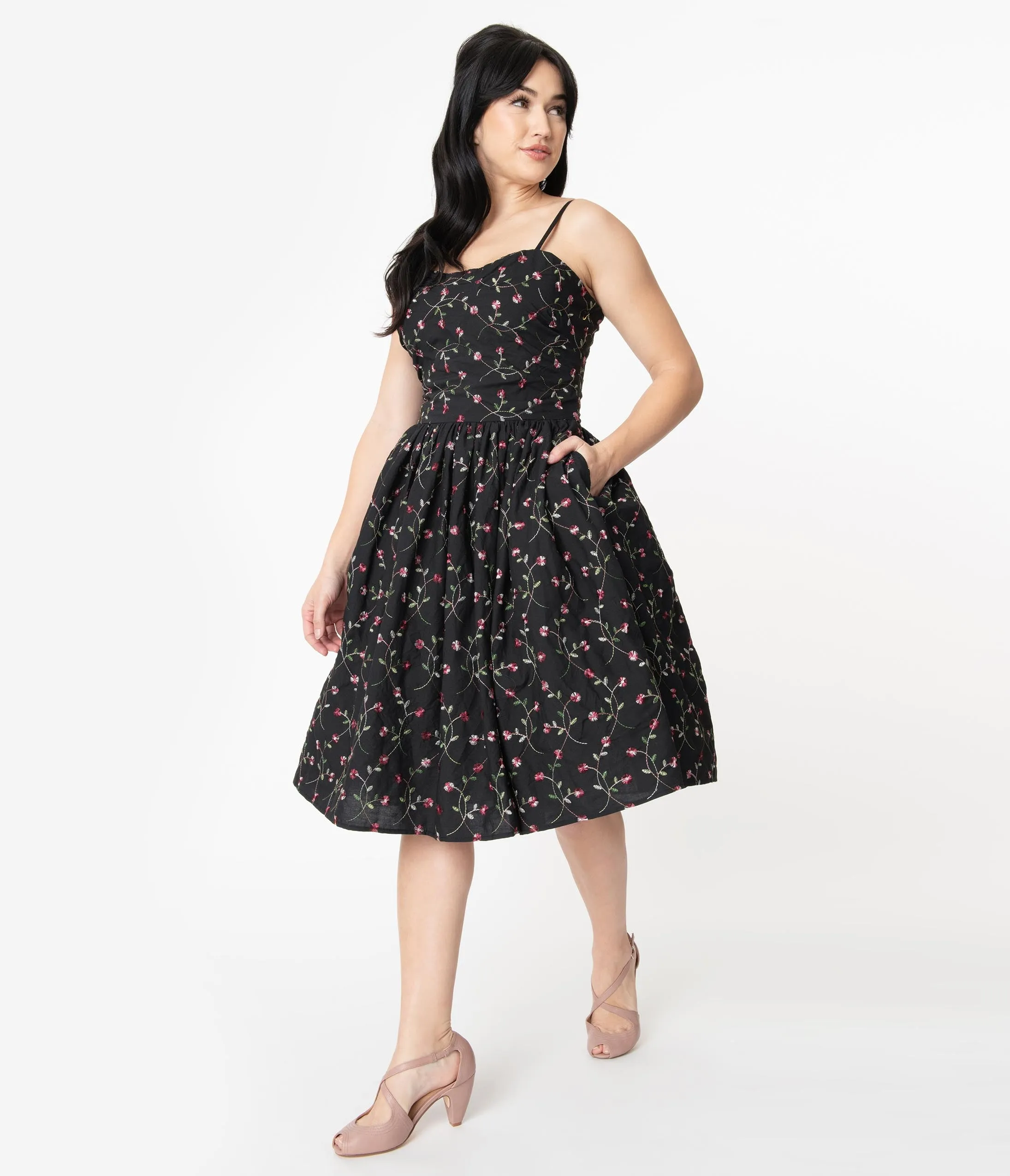 Unique Vintage 1950s Black Embroidered Floral Darcy Swing Dress