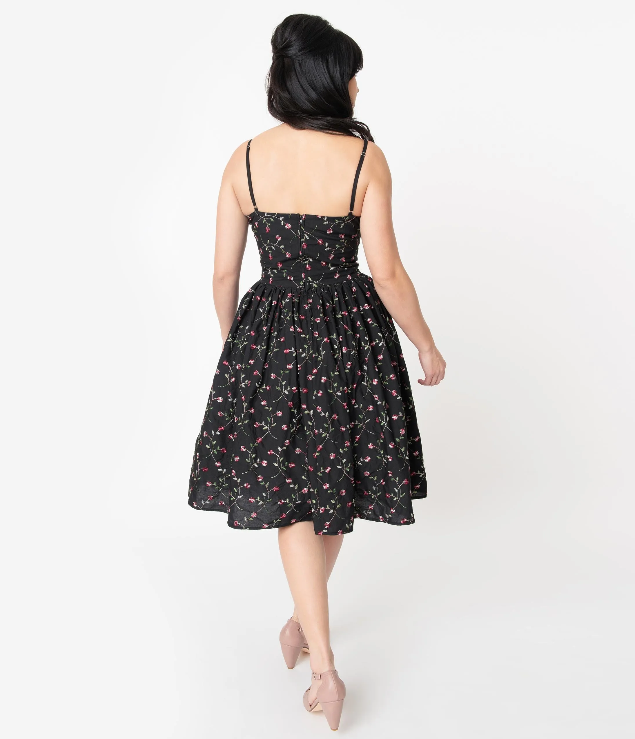 Unique Vintage 1950s Black Embroidered Floral Darcy Swing Dress