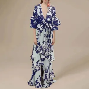 Vintage And Elegant Women's Dress V Neck Half Sleeve Colorblock Print Loose Long Dresses For Female Fashion Summer Clothing