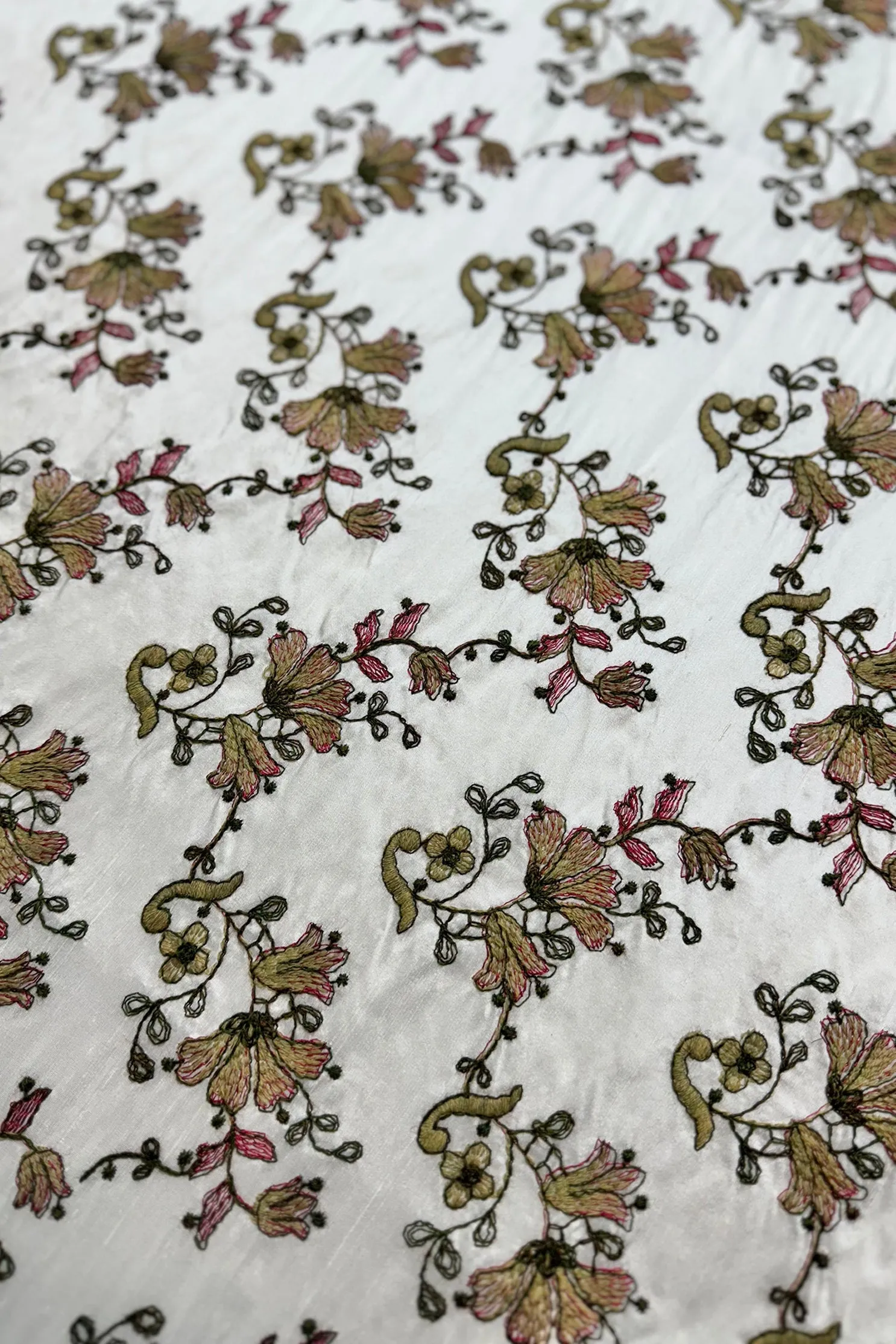 White/Multicolor Embroidered Dupioni Silk MED-206