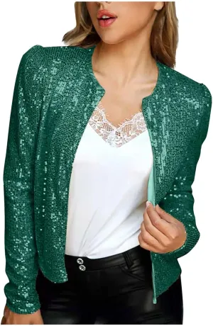 Women Fashion Cropped Sequin Blazer Jacket Casual Open Front Jacket Party Christmas Long Sleeve Sparkly Coats Tops