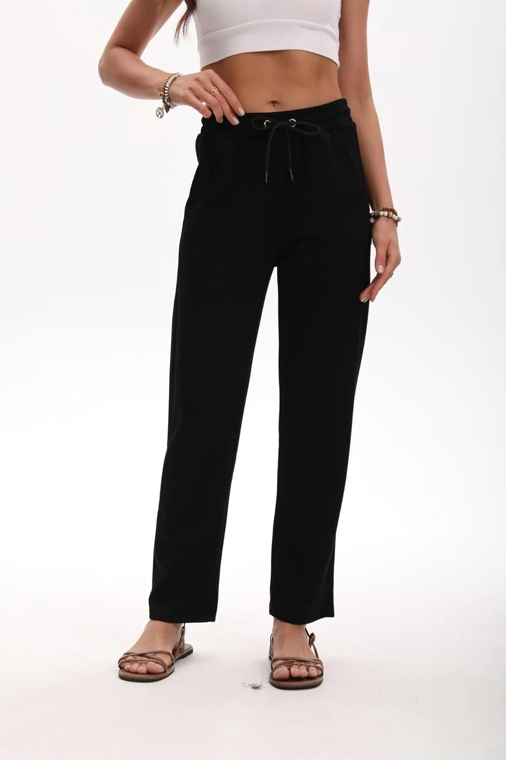 Women Linen Palazzo Pants Summer High Waist Casual Pants Drawstring Wide Leg Pant Beach Travel Vacation Pant