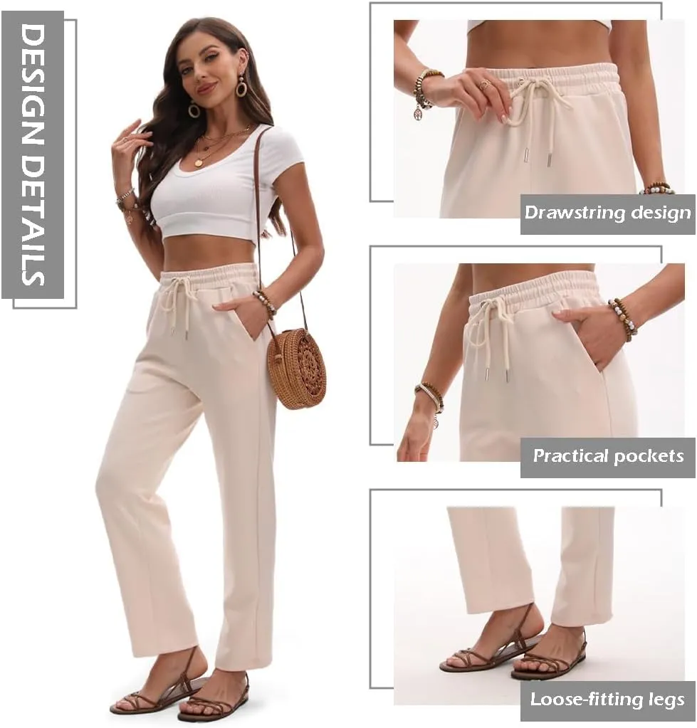 Women Linen Palazzo Pants Summer High Waist Casual Pants Drawstring Wide Leg Pant Beach Travel Vacation Pant