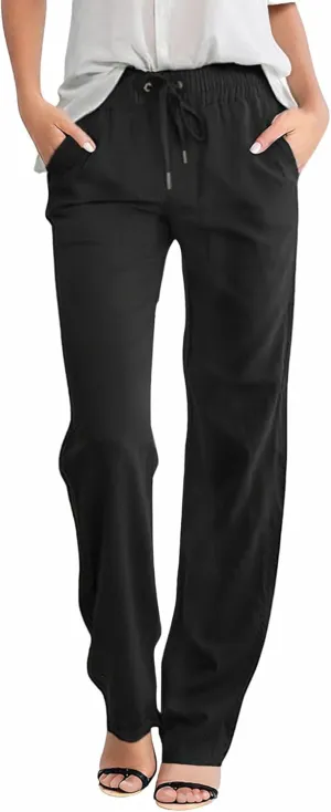 Women Linen Palazzo Pants Summer High Waist Casual Pants Drawstring Wide Leg Pant Beach Travel Vacation Pant