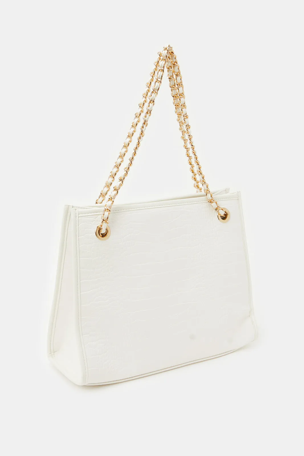 Women White Embellished Soft Tote Bag