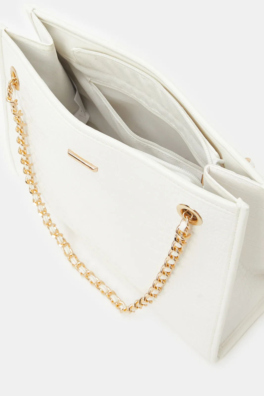 Women White Embellished Soft Tote Bag