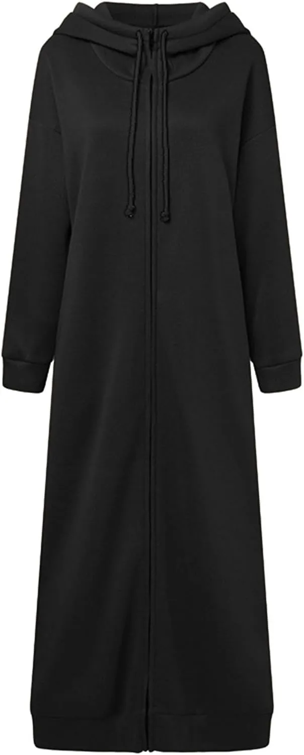 Womens Fashion Zip Up Jackets Ankle Length Hooded Coat Long Sleeve Drawstring Slouchy Novelty Loose Comfy Hoodies