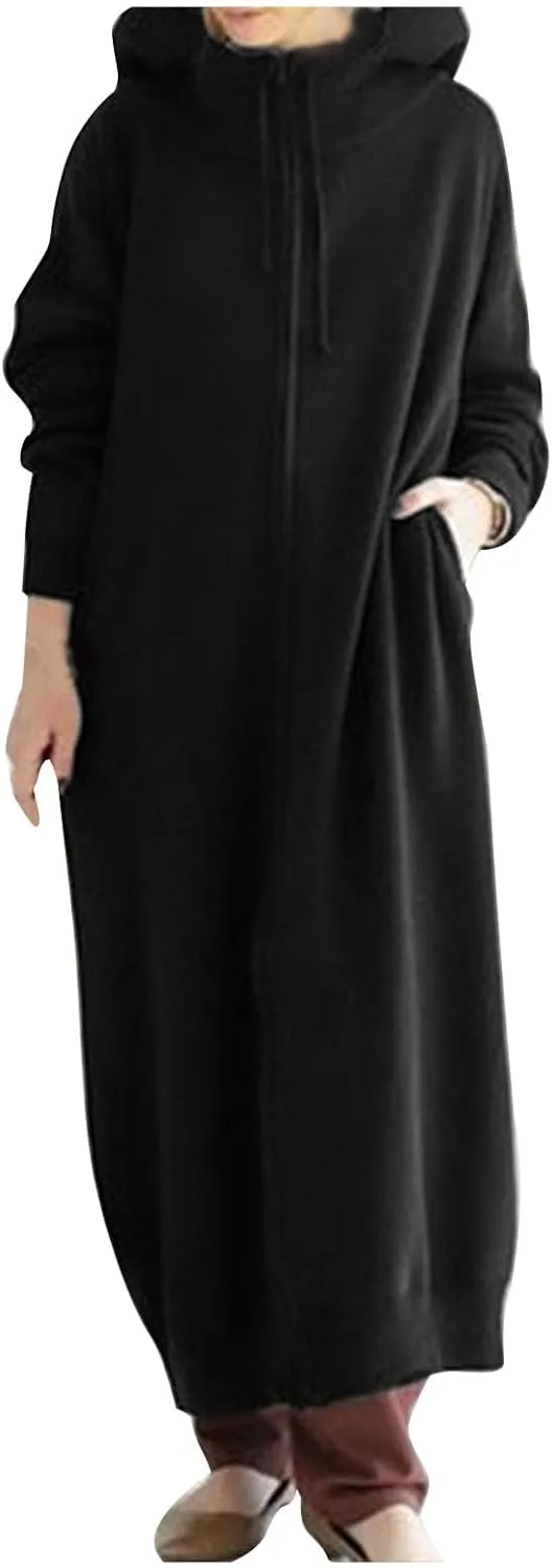 Womens Fashion Zip Up Jackets Ankle Length Hooded Coat Long Sleeve Drawstring Slouchy Novelty Loose Comfy Hoodies