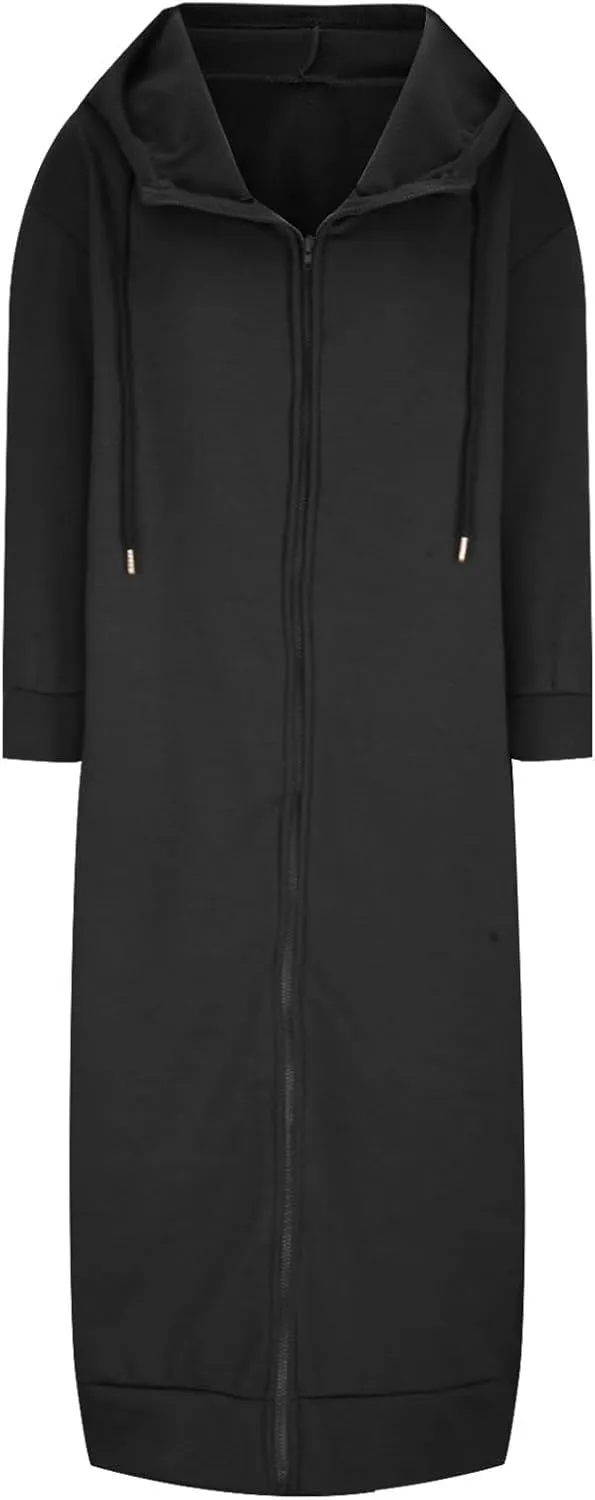 Womens Fashion Zip Up Jackets Ankle Length Hooded Coat Long Sleeve Drawstring Slouchy Novelty Loose Comfy Hoodies