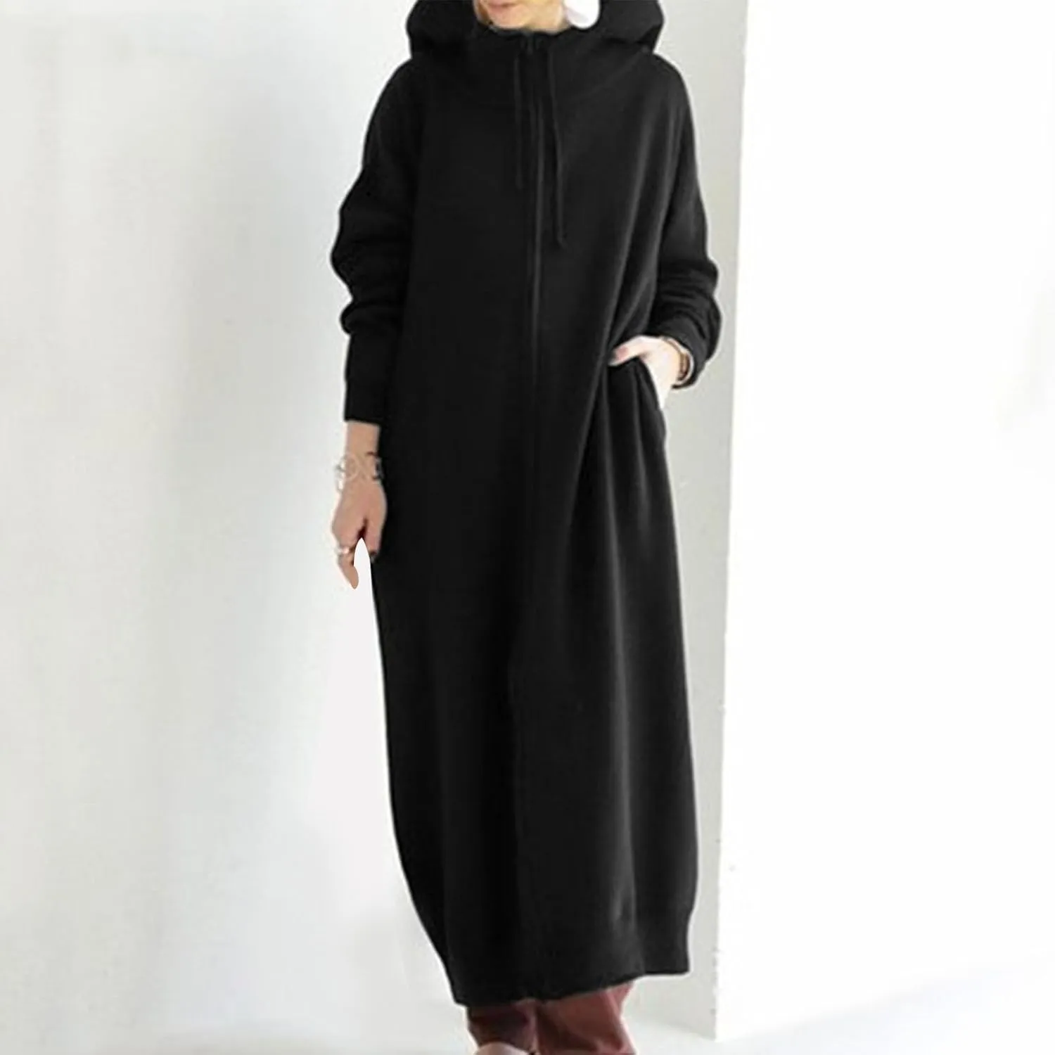 Womens Fashion Zip Up Jackets Ankle Length Hooded Coat Long Sleeve Drawstring Slouchy Novelty Loose Comfy Hoodies