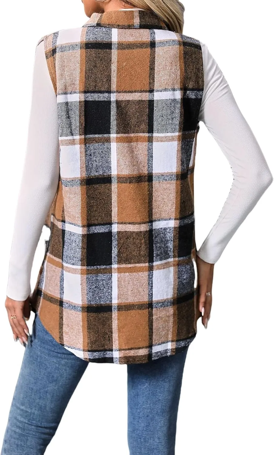 Women's Fashionable Plaid Sleeveless Vest, Loose Casual Button Wool Blend Outerwear with Pocket for Autumn & Winter