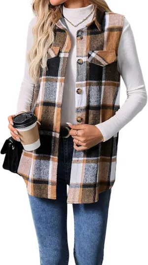 Women's Fashionable Plaid Sleeveless Vest, Loose Casual Button Wool Blend Outerwear with Pocket for Autumn & Winter