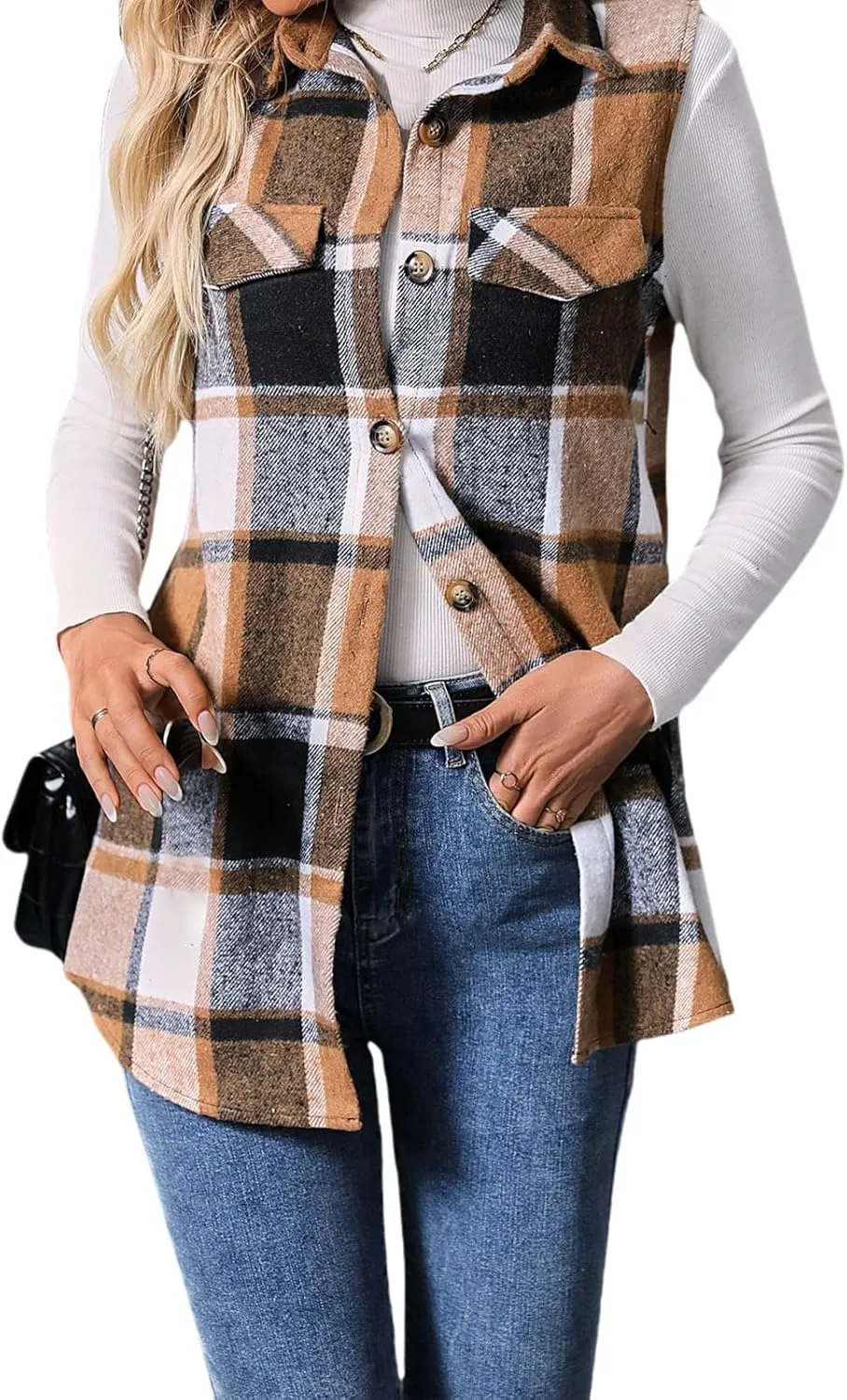 Women's Fashionable Plaid Sleeveless Vest, Loose Casual Button Wool Blend Outerwear with Pocket for Autumn & Winter