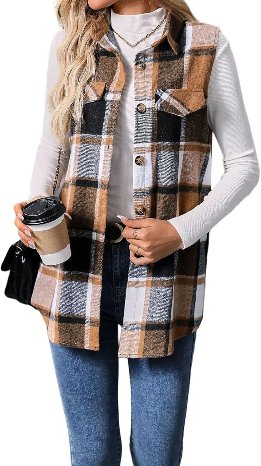 Women's Fashionable Plaid Sleeveless Vest, Loose Casual Button Wool Blend Outerwear with Pocket for Autumn & Winter