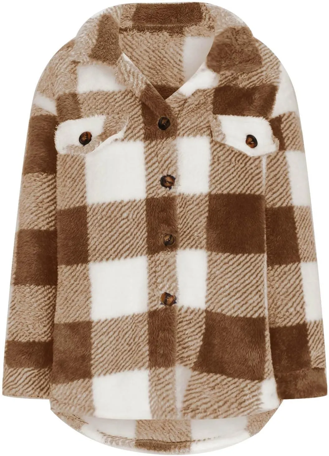 Women's Fuzzy Fleece Plaid Shacket Jacket Checkered Button Down Long Sleeve Shirts Jacket Wth Flap Pockets Plus Size