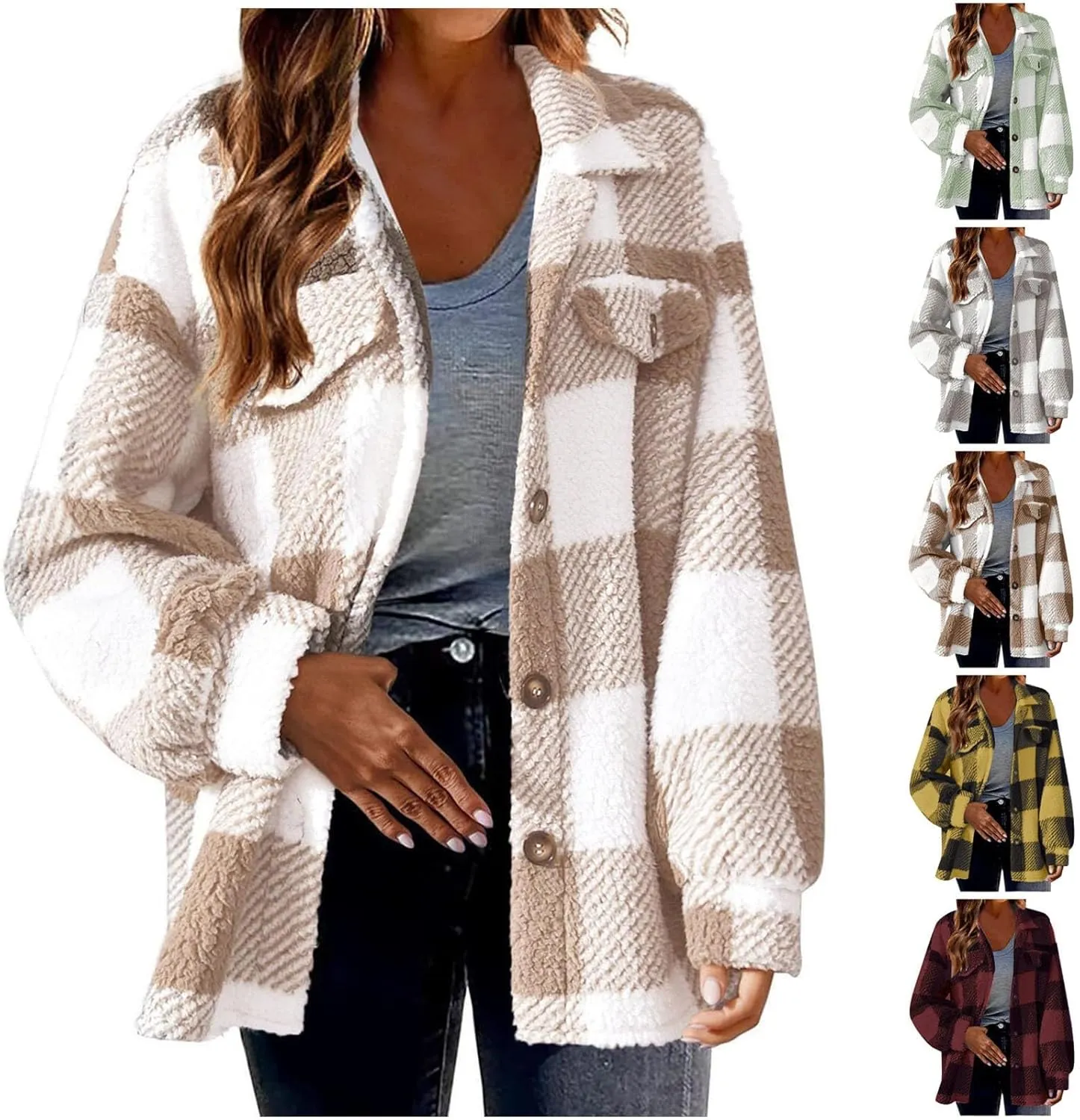 Women's Fuzzy Fleece Plaid Shacket Jacket Checkered Button Down Long Sleeve Shirts Jacket Wth Flap Pockets Plus Size