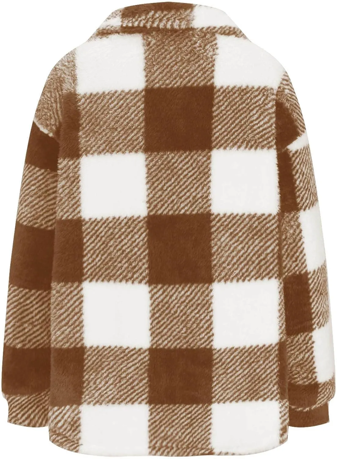 Women's Fuzzy Fleece Plaid Shacket Jacket Checkered Button Down Long Sleeve Shirts Jacket Wth Flap Pockets Plus Size