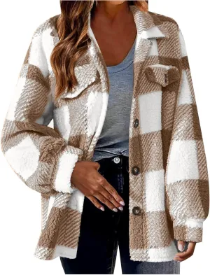 Women's Fuzzy Fleece Plaid Shacket Jacket Checkered Button Down Long Sleeve Shirts Jacket Wth Flap Pockets Plus Size