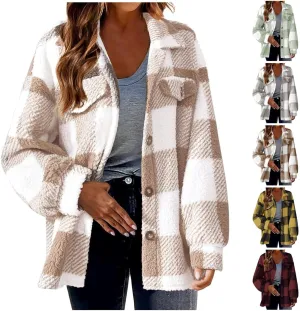 Women's Fuzzy Fleece Plaid Shacket Jacket Checkered Button Down Long Sleeve Shirts Jacket Wth Flap Pockets Plus Size