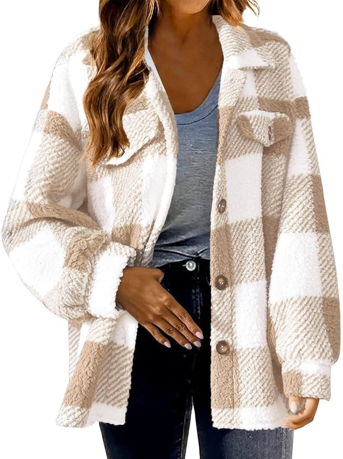 Women's Fuzzy Fleece Plaid Shacket Jacket Checkered Button Down Long Sleeve Shirts Jacket Wth Flap Pockets Plus Size