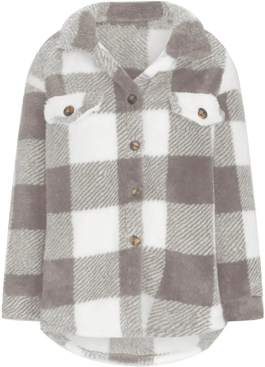 Women's Fuzzy Fleece Plaid Shacket Jacket Checkered Button Down Long Sleeve Shirts Jacket Wth Flap Pockets Plus Size