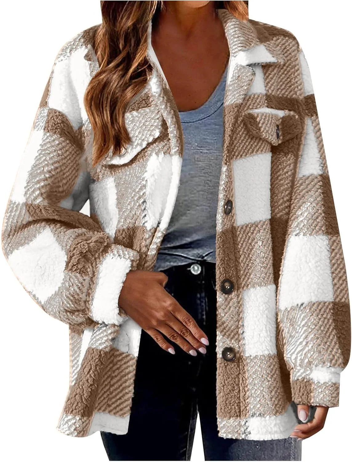 Women's Fuzzy Fleece Plaid Shacket Jacket Checkered Button Down Long Sleeve Shirts Jacket Wth Flap Pockets Plus Size