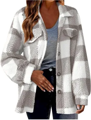 Women's Fuzzy Fleece Plaid Shacket Jacket Checkered Button Down Long Sleeve Shirts Jacket Wth Flap Pockets Plus Size