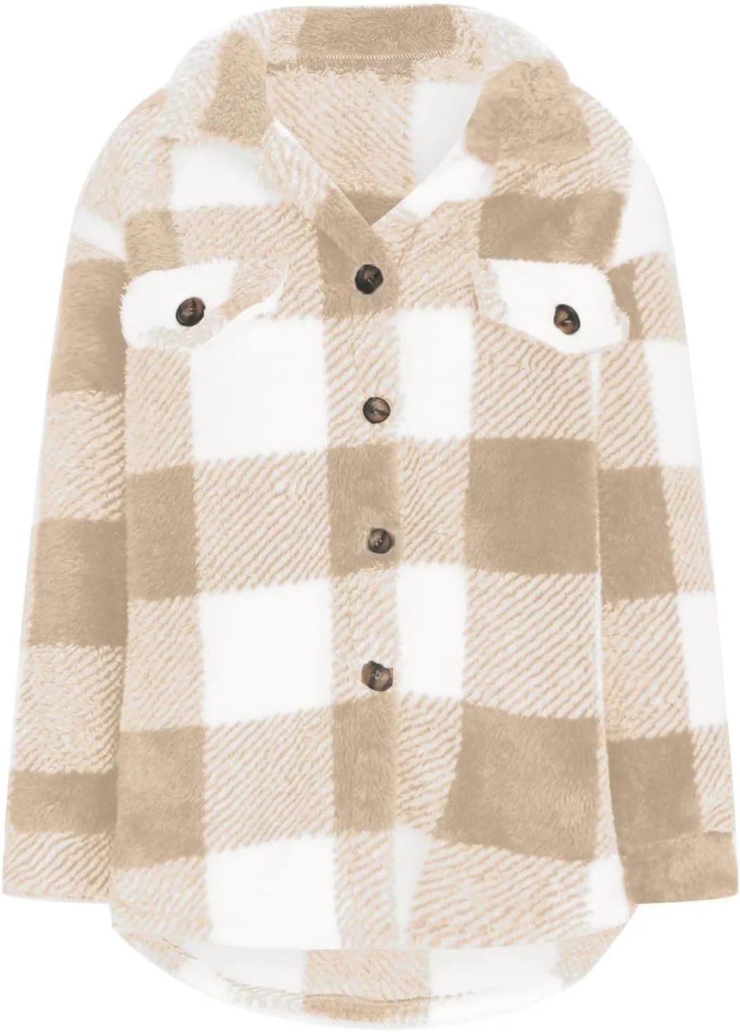 Women's Fuzzy Fleece Plaid Shacket Jacket Checkered Button Down Long Sleeve Shirts Jacket Wth Flap Pockets Plus Size