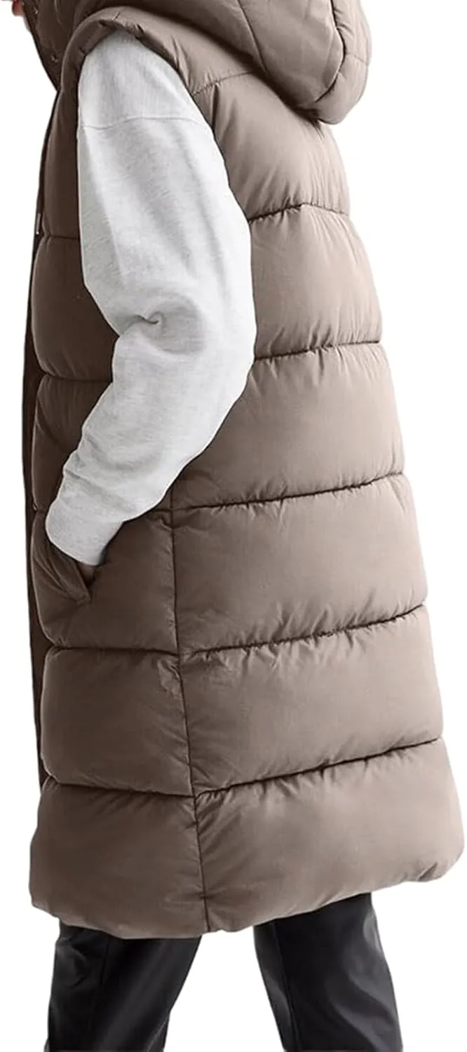 Womens Long Puffer Vest Sleeveless Puffy Jacket Stand Collar Thick Hooded Long Coats Jacket