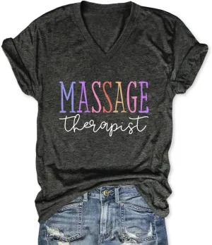 Womens V Neck Funny Massage Therapist T-Shirt Massage Therapy Graphic Tees Casual Summer Printed Short Sleeve Tops