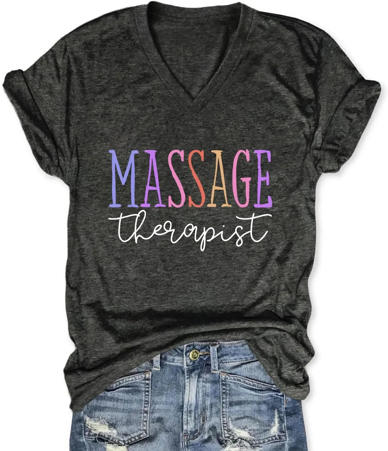 Womens V Neck Funny Massage Therapist T-Shirt Massage Therapy Graphic Tees Casual Summer Printed Short Sleeve Tops