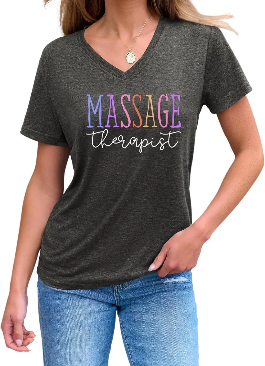 Womens V Neck Funny Massage Therapist T-Shirt Massage Therapy Graphic Tees Casual Summer Printed Short Sleeve Tops