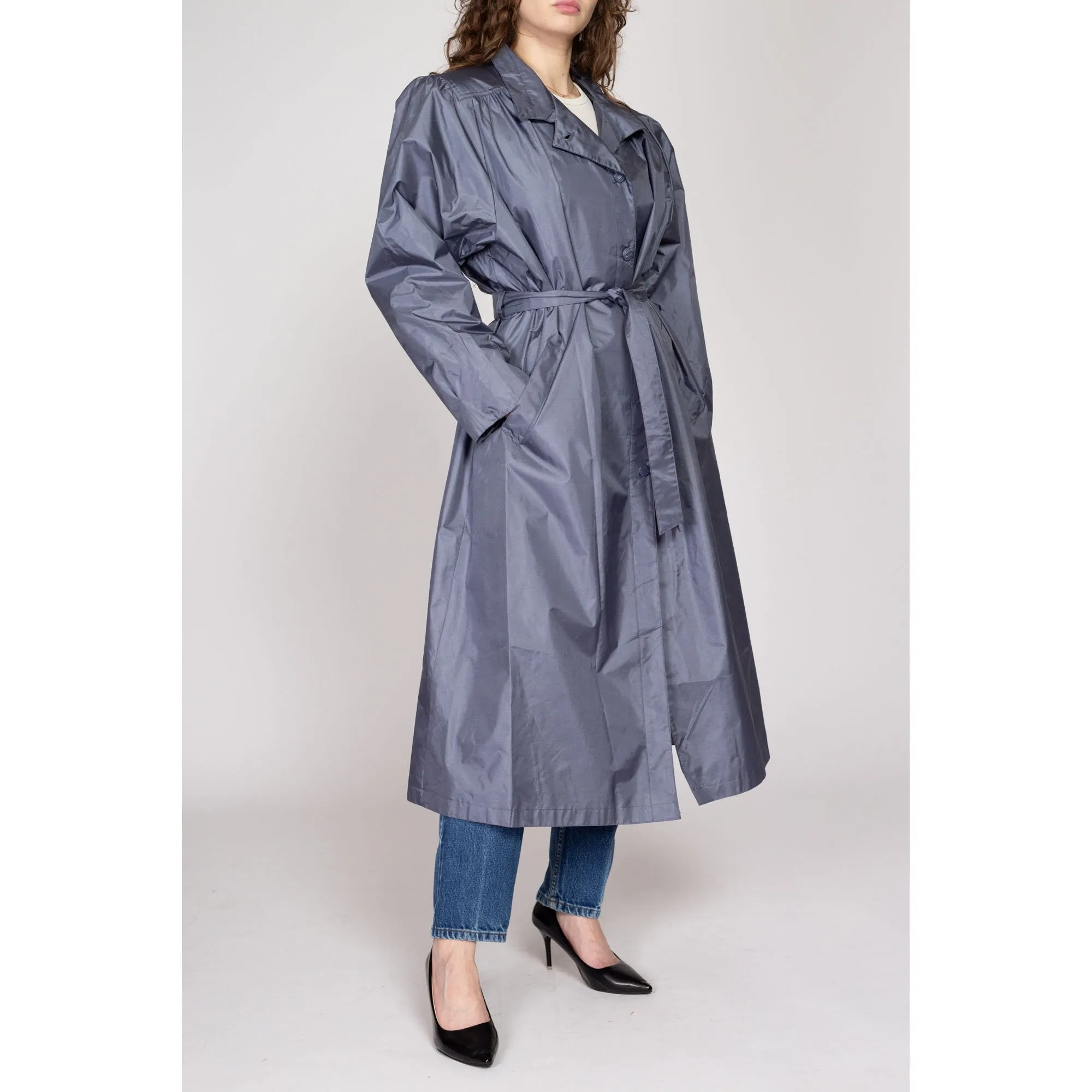 XL 80s Shiny Slate Grey Belted Trench Rain Jacket
