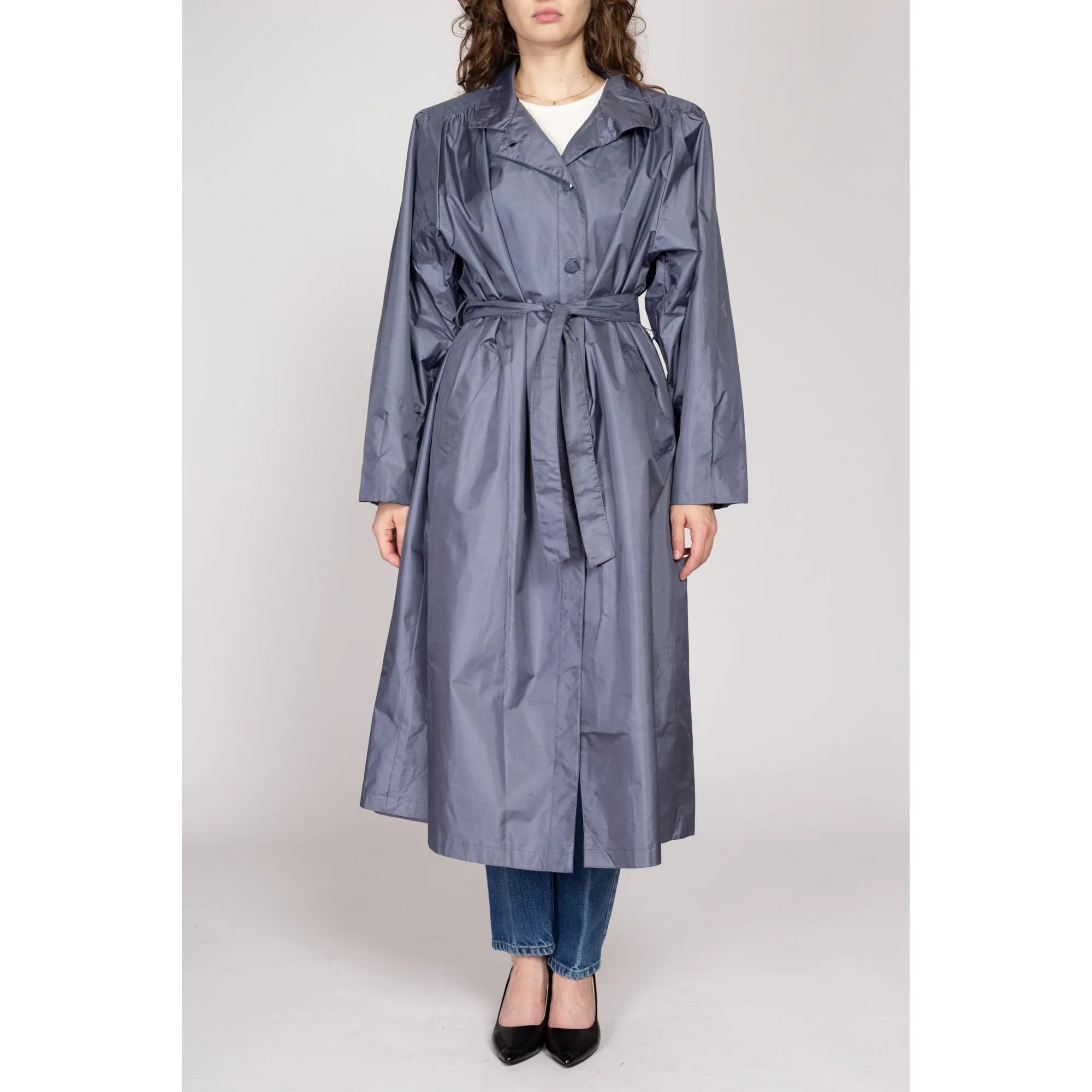 XL 80s Shiny Slate Grey Belted Trench Rain Jacket