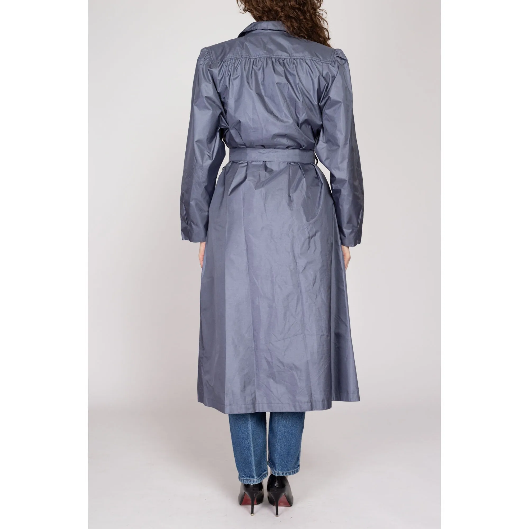 XL 80s Shiny Slate Grey Belted Trench Rain Jacket