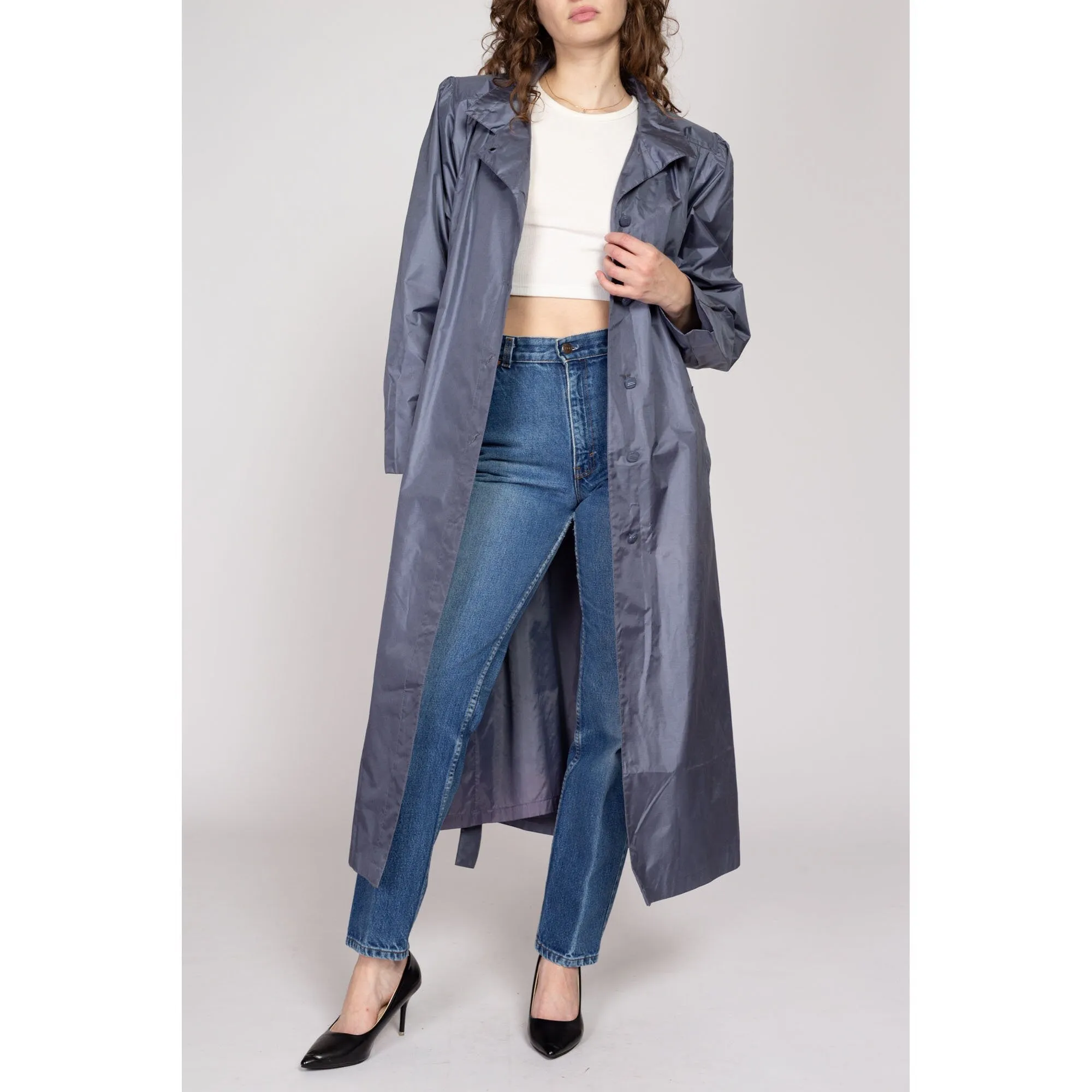 XL 80s Shiny Slate Grey Belted Trench Rain Jacket