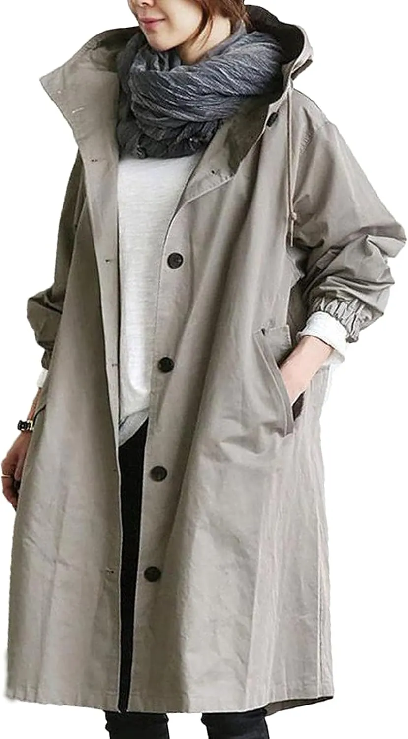 XUETON Womens Oversize Jacket Coats Outdoor Breathable Waterproof Lightweight Hooded Long Trench Coat Gray