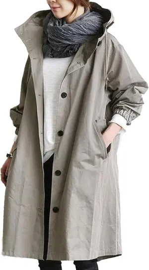 XUETON Womens Oversize Jacket Coats Outdoor Breathable Waterproof Lightweight Hooded Long Trench Coat Gray
