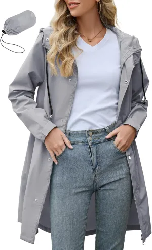 Zando Plus Size Rain Jackets for Women Womens Rain Jacket with Hood Travel Rain Coats for Women Packable Rain Jacket Waterproof Long Raincoat Lightweight Windbreaker Trench Coat Gray 2XL